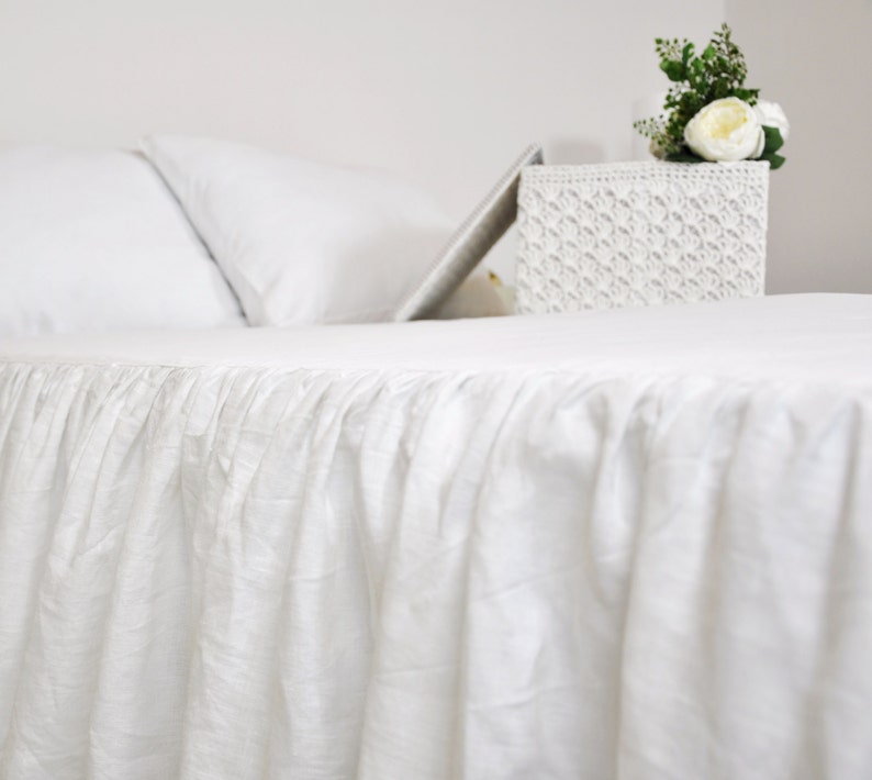 White Linen Bed Skirt Custom Dust Ruffle Queen King Full Image 0