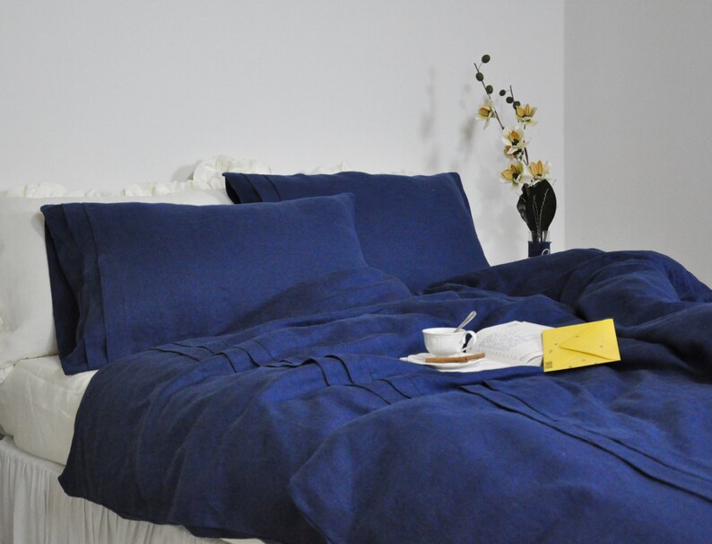 Navy Linen Duvet Cover Set Queen King Full Pillowcases Blue Bedding Custom Size Pleated
