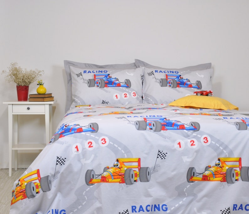 Race Car Duvet Cover Set Twin Xl Full Queen Gray Blue Image 0