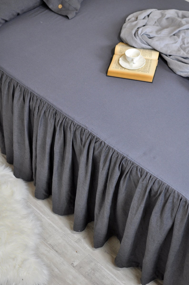 Dark Gray Linen Bed Skirt Custom Dust Ruffle King Full Etsy