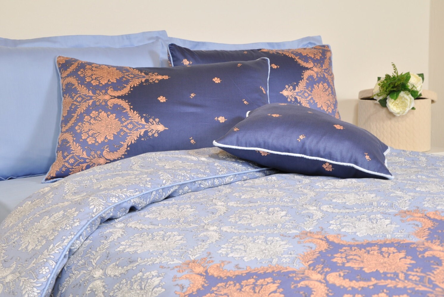 Damask Duvet Cover Set Blue Damask Bedding Navy Duvet Cover Etsy