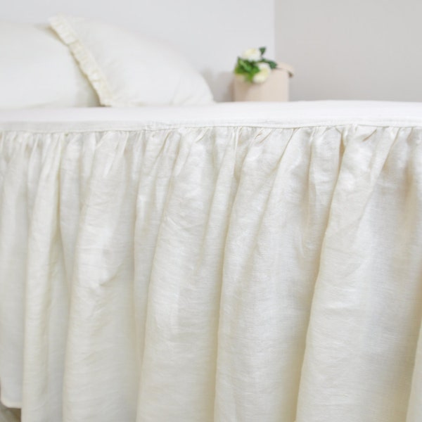 Leinen Bettrock, Benutzerdefinierte Staub Rüsche in voller Königin König - Gekräuselt, Gathered Bedskirt, Off White Bedskirt, Cottage Chic Bettwäsche, Leinenbettwäsche