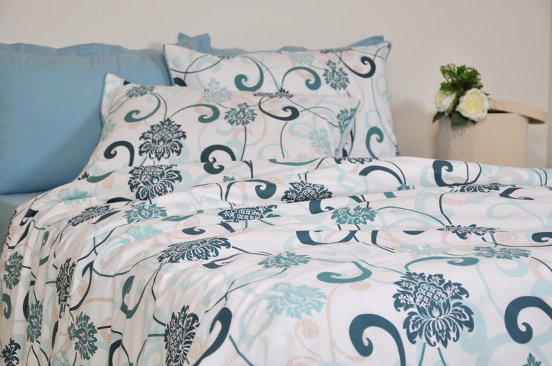 Damask Duvet Cover Set in Mint Green Teal Blue for Full Queen Etsy