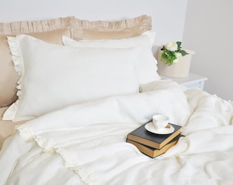 Linen Duvet Cover Set in Twin Twin XL, Pure Linen Bedding, Ruffled Dorm Bedding - Cream, Ivory, Off White, Romantic, Farmhouse Style Bedding