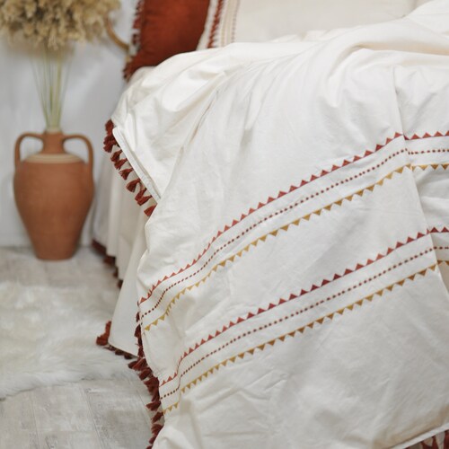 Boho Bedding, Tassel Duvet Cover Set, Burnt Orange Bedding, Bohemian Quilt Cover, Terracotta Comforter, Queen Bedding, shops Housewarming Gift