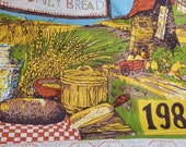Vintage 1980s Linen Calendar Rural Scene Grain Mill Measures 26-1 4 by 15-3 4 Inches Green, Yellow, and Blue Bless this Day Our Daily Bread