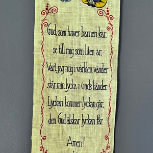 Linen Old Swedish Prayer for Children Measures 27” Long by 8-1/4” W Red Border Bright Colors Off White Background