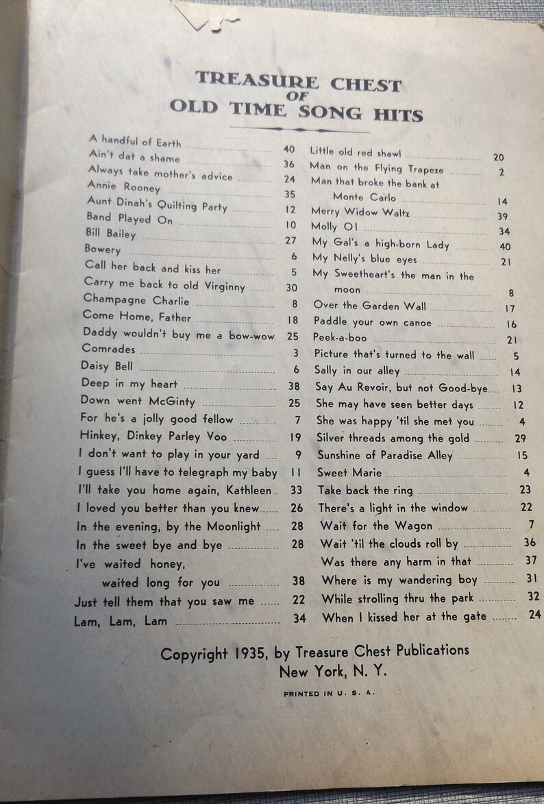 Vintage 1935 Booklet Treasure Chest of Old Time Song Hits 40 Pages