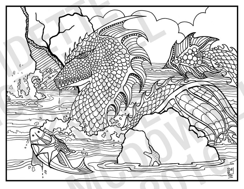 WATER DRAGON: A Printable Adult Coloring Page | Etsy