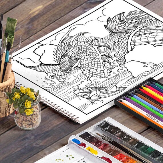 WATER DRAGON: A Printable Adult Coloring Page | Etsy