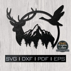 Deer Scene Duck Water Fowl Mountains Trees | DXF SVG plasma, laser, cnc file, Cricut, Silhouette, metal art, sticker, paper template