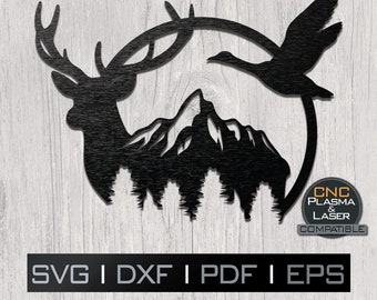 鹿のシーン アヒル 水鳥 山 木 | DXF SVG プラズマ、レーザー、CNC ファイル、クリカット、シルエット、メタルアート、ステッカー、紙テンプレート