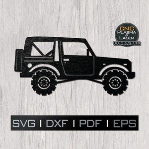Puede incluir: Silueta metálica negra de un vehículo todoterreno 4x4. La imagen incluye el texto "CNC Plasma & Laser Compatible" y opciones de tipo de archivo: SVG, DXF, PDF y EPS. El vehículo tiene neumáticos grandes y una rueda de repuesto en la parte trasera.