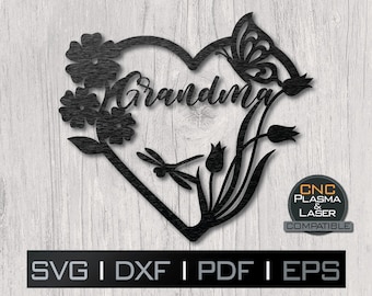 Grandma Heart Flowers SVG | Butterfly Dragonfly Laser Cut File (Digital Download)