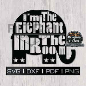 Puede incluir: Silueta negra de un elefante con el texto "I'm the Elephant in the Room" dentro de la forma. El texto "CNC Plasma & Laser Compatible" está en un cuadro en la esquina superior derecha. El texto "SVG I DXF I PDF I PNG" está en la parte inferior de la imagen.