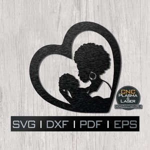 アフロの母と子の美しいハート | DXF SVG プラズマ、レーザー、CNC ファイル、クリカット、シルエット、メタルアート、ステッカー、紙テンプレート