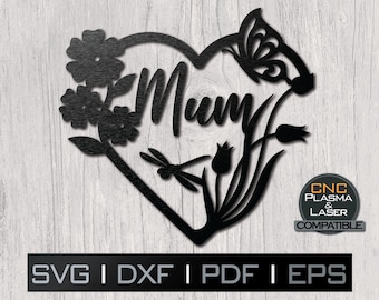 Mum Heart Bloemen Butterfuly Dragonfly | DXF SVG plasma, laser, cnc-bestand, Cricut, Silhouet, metalen kunst, sticker, papier sjabloon