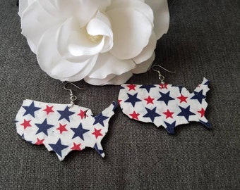 Red white blue USA earrings, 4th of July jewelry, Memorial Day jewelry, white earrings, wood earrings, patriotic jewelry, white jewelry