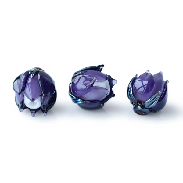 Purple Violet Flower Bud Rose Lampwork Beads Handmade Murano Glass 1pc