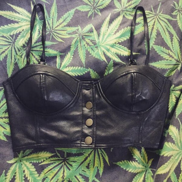 awesome vintage 80s black leather crop top biker bustier