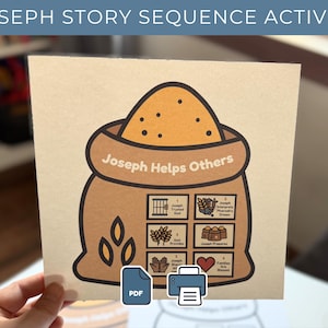 以下が含まれることがあります： 上部に「JOSEPH STORY SEQUENCE ACTIVITY」の文字が入ったベージュ色の正方形のカード。カードには、「Joseph Helps Others」と書かれた茶色の袋と穀物の山が描かれています。下には物語のイラストシーンがあります。