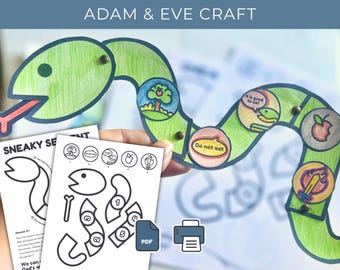 May include: A green paper snake craft with illustrated segments, including an apple, a tree, and the words "Do not eat." Accompanying are printable PDF pages with snake cutouts and text, labeled "Sneaky Serpent" and "Adam & Eve Craft."