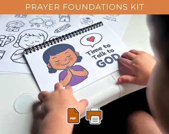 May include: A spiral-bound activity book with the text "Time to Talk to GOD" and an illustration of a child praying. The book is part of a "Prayer Foundations Kit" and includes a PDF and print icon.