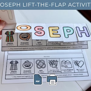 Puede incluir: Una actividad interactiva y colorida "Joseph Lift-the-Flap" imprimible. El diseño presenta el nombre "JOSEPH" en letras grandes e individuales, con ilustraciones y texto debajo. La actividad está diseñada para enseñar sobre la historia de José.