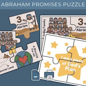 May include: A colorful puzzle with the text "ABRAHAM PROMISES PUZZLE". The puzzle pieces depict illustrations of people, land, and text including "A Big Family", "A Special Land", and "I am a piece of God's Plan".