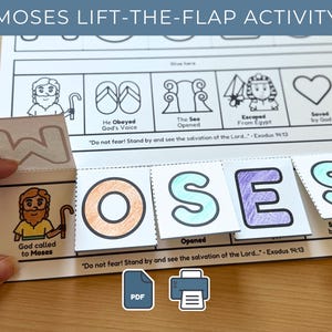 Puede incluir: Una hoja de actividades imprimible de Moisés con solapas, que presenta ilustraciones de líneas en blanco y negro y texto. El papel incluye solapas interactivas que deletrean MOSES, con letras coloreadas e imágenes religiosas que incluyen una figura.