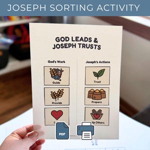 Pode incluir: Um papel branco intitulado "GOD LEADS & JOSEPH TRUSTS" com ilustrações e texto para uma atividade de classificação. O papel inclui o texto "JOSEPH SORTING ACTIVITY" no topo. O papel é segurado por uma mão.