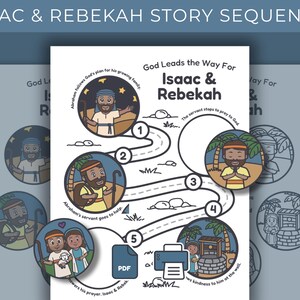 May include: An illustrated story sequence titled "Isaac & Rebekah Story Sequence". The image shows a white background with a road design, and circular illustrations depicting scenes from the story. Text includes "God Leads the Way For Isaac & Rebekah".