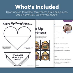 Christian Kids Bible Printable Sunday School Craft Activity Joseph Story Teaching Forgiveness Lesson Preschool Church Worksheet Heart Pocket Craft Design Grain Bag Cards Character Traits Building Mercy Kindness Peace Digital PDF Download