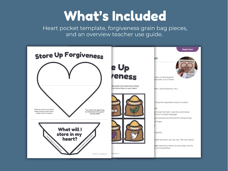 Christian Kids Bible Printable Sunday School Craft Activity Joseph Story Teaching Forgiveness Lesson Preschool Church Worksheet Heart Pocket Craft Design Grain Bag Cards Character Traits Building Mercy Kindness Peace Digital PDF Download