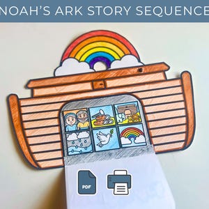 Op de afbeelding: Kleurrijke illustratie van de Ark van Noach met een regenboog en wolken. De ark heeft panelen met scènes uit het verhaal. De tekst "NOAH'S ARK STORY SEQUENCE" staat bovenaan. PDF- en printerpictogrammen onderaan.