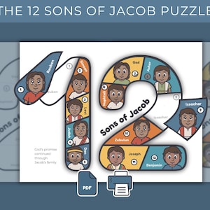 Może przedstawiać: Kolorowa układanka edukacyjna zatytułowana "THE 12 SONS OF JACOB PUZZLE". Układanka przedstawia liczbę 12 z ilustracjami synów Jakuba. Obecny jest również tekst "Sons of Jacob". Zawiera ikonę PDF i drukowania.