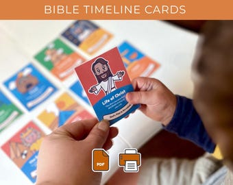 Puede incluir: Una persona sostiene una tarjeta de la línea de tiempo bíblica con una ilustración de Jesús. La tarjeta es roja con detalles azules y el texto "Vida de Cristo". Otras tarjetas coloridas son visibles en el fondo. La imagen también incluye el texto "BIBLE TIMELINE CARDS".