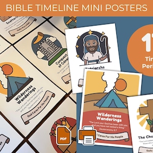 May include: A collection of mini posters with the text "Bible Timeline Mini Posters". The posters feature colorful illustrations and text, including "Wilderness Wanderings" and "The Church Begins". An orange circle displays "17 Time Periods".