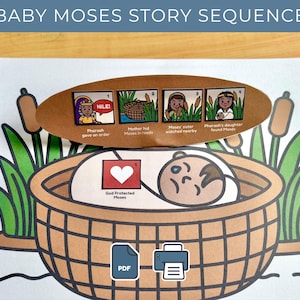 Puede incluir: Una hoja de actividades impresa titulada BABY MOSES STORY SEQUENCE que muestra una cesta marrón con un bebé, juncos verdes y un recorte ovalado con cuatro paneles de dibujos numerados. Se ve un icono cuadrado con un corazón blanco y el texto God Protected Moses, junto con iconos de PDF e impresora.