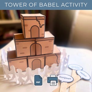 May include: A paper craft activity set featuring a layered brown cardboard tower with arched doorways. The set includes paper cutouts of people, speech bubbles with "Bonjour!" and "Hello!", and PDF and print icons. The text "TOWER OF BABEL ACTIVITY" is at the top.
