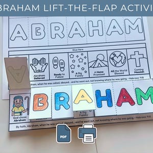 May include: An Abraham lift-the-flap activity printed on white paper. The sheet features the name ABRAHAM in large outline letters, with colorful flaps covering the letters. Below, black and white icons illustrate biblical themes with text.