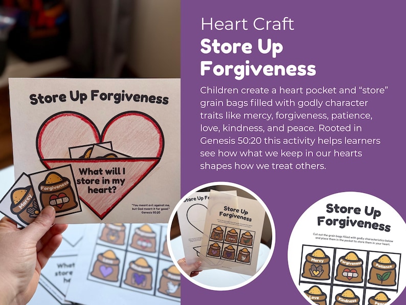 Bible Activity Printable Joseph Story Forgiveness Lesson Preschool Sunday School Craft Christian Kids Church Worksheet Heart Pocket Craft Character Building Mercy Kindness Teaching Genesis 50 20 Restoration Digital Download Children