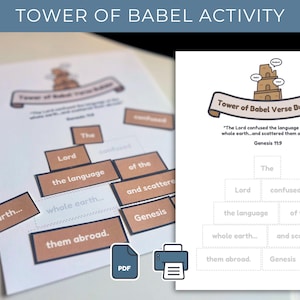 May include: A printable Tower of Babel activity sheet with cut-out word blocks. The sheet includes the text "Tower of Babel Verse Builder" and the Bible verse Genesis 11:9. A PDF icon and a printer icon are also visible.