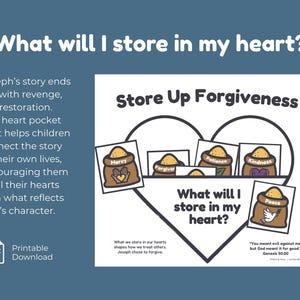 Printable Church Craft Sunday School Activity Preschool Bible Lesson Joseph Story Forgiveness Teaching Christian Kids Worksheet Digital Download Heart Pocket Design Character Building Traits Mercy Kindness Peace Love Genesis Teaching Faith