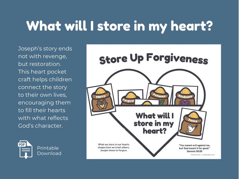 Printable Church Craft Sunday School Activity Preschool Bible Lesson Joseph Story Forgiveness Teaching Christian Kids Worksheet Digital Download Heart Pocket Design Character Building Traits Mercy Kindness Peace Love Genesis Teaching Faith