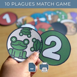 May include: A 10 Plagues Match Game set featuring circular cards with illustrations and numbers. One card shows green frogs on a white background, while another displays the number two in white on a green background. Additional cards with various colorful graphics are visible in the background.