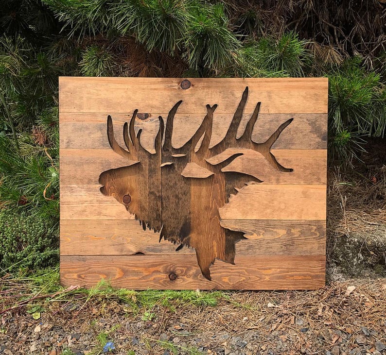 Rustic Elk Silhouette Wood Wall Art Medium Etsy
