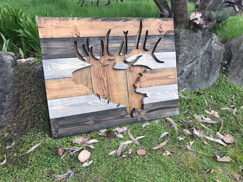 Rustic Elk Silhouette Wood Wall Art Medium Etsy