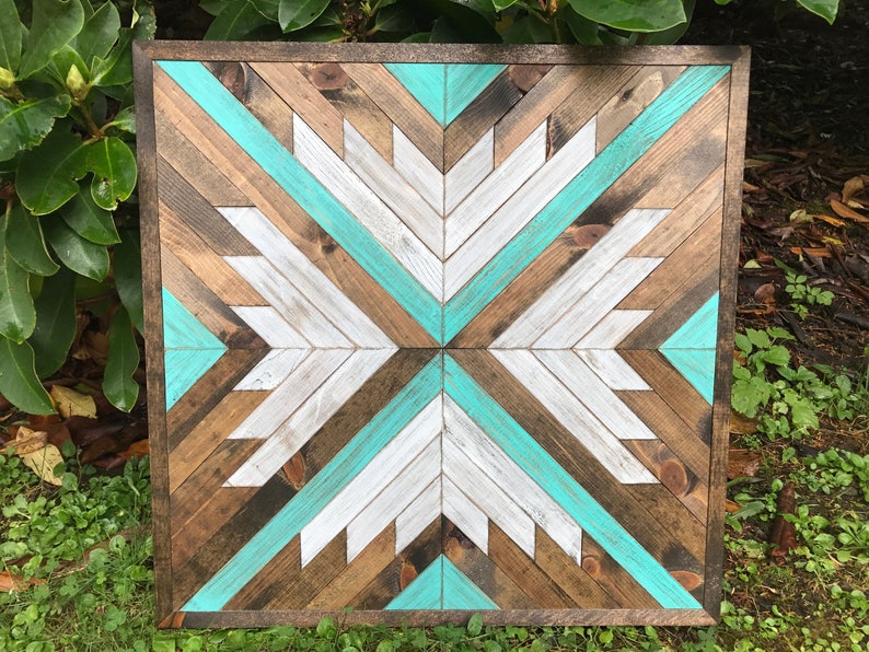 Turquoise Rustic Geometric Wall Art Square Etsy