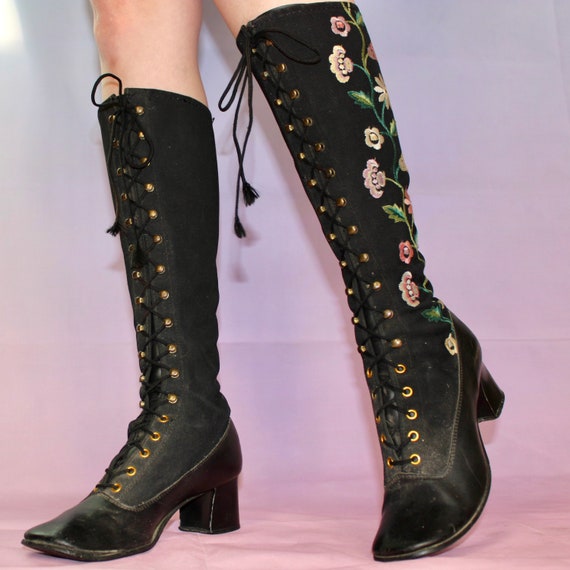 Vintage 60s lace up embroidered gogo boots - image 3